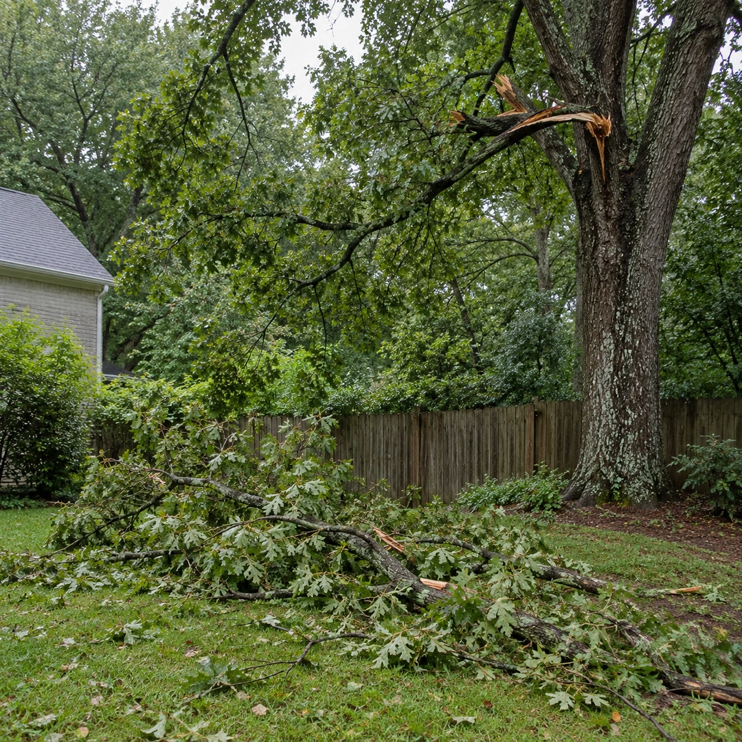 Storm damaged branch and debris in a fenced yard