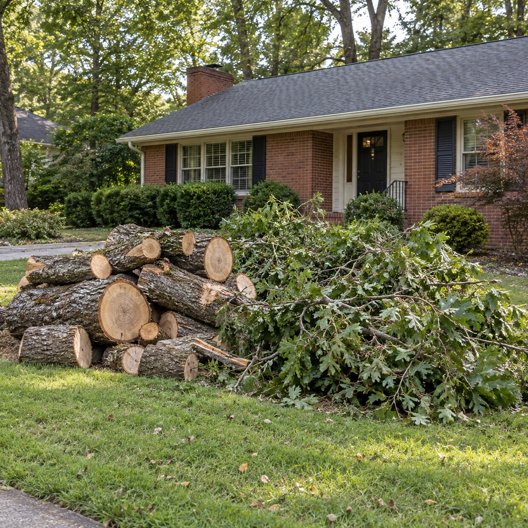 Cut trunk rounds and branches grouped beside a brick home