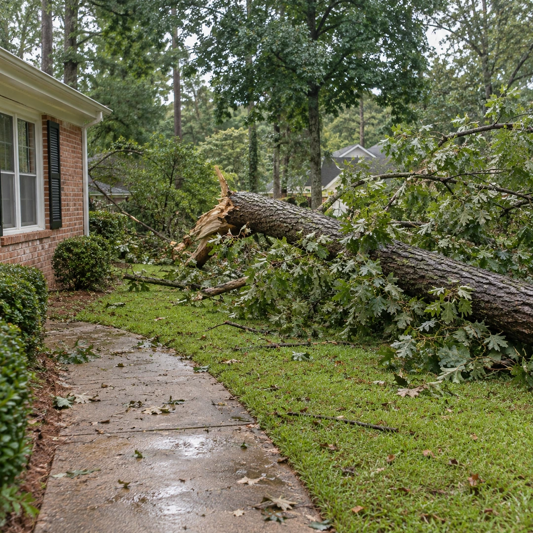 Fallen tree across a residential garden walkway