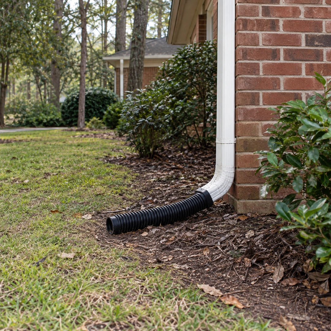 White residential downspout connected to a modest black drain extension beside a brick foundation with naturally weathered soil