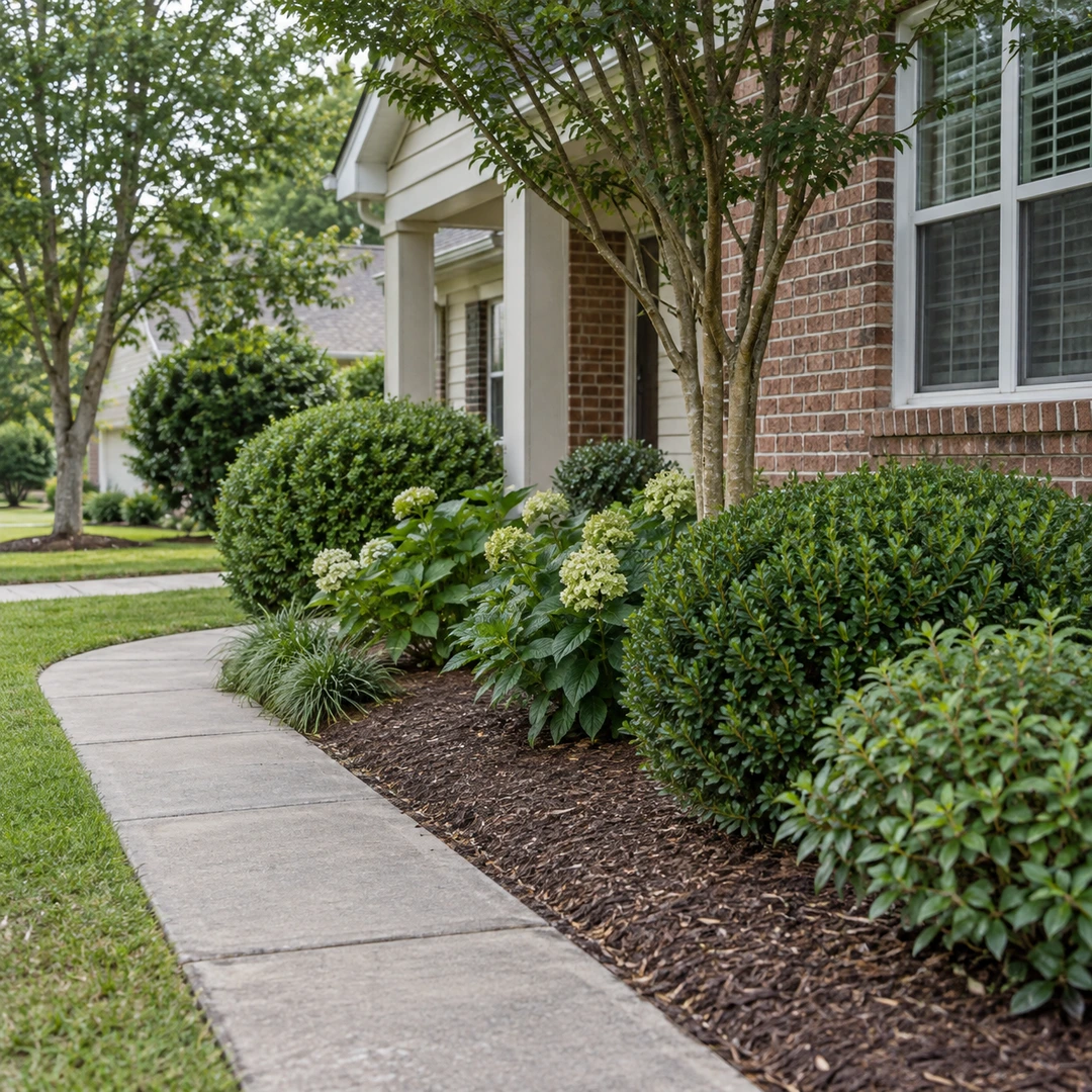 Maintained ordinary shrub bed beside a residential walkway with realistic individual leaves