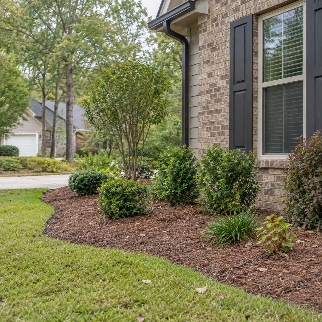 Modest newly planted residential shrub bed with mulch and irregular borders
