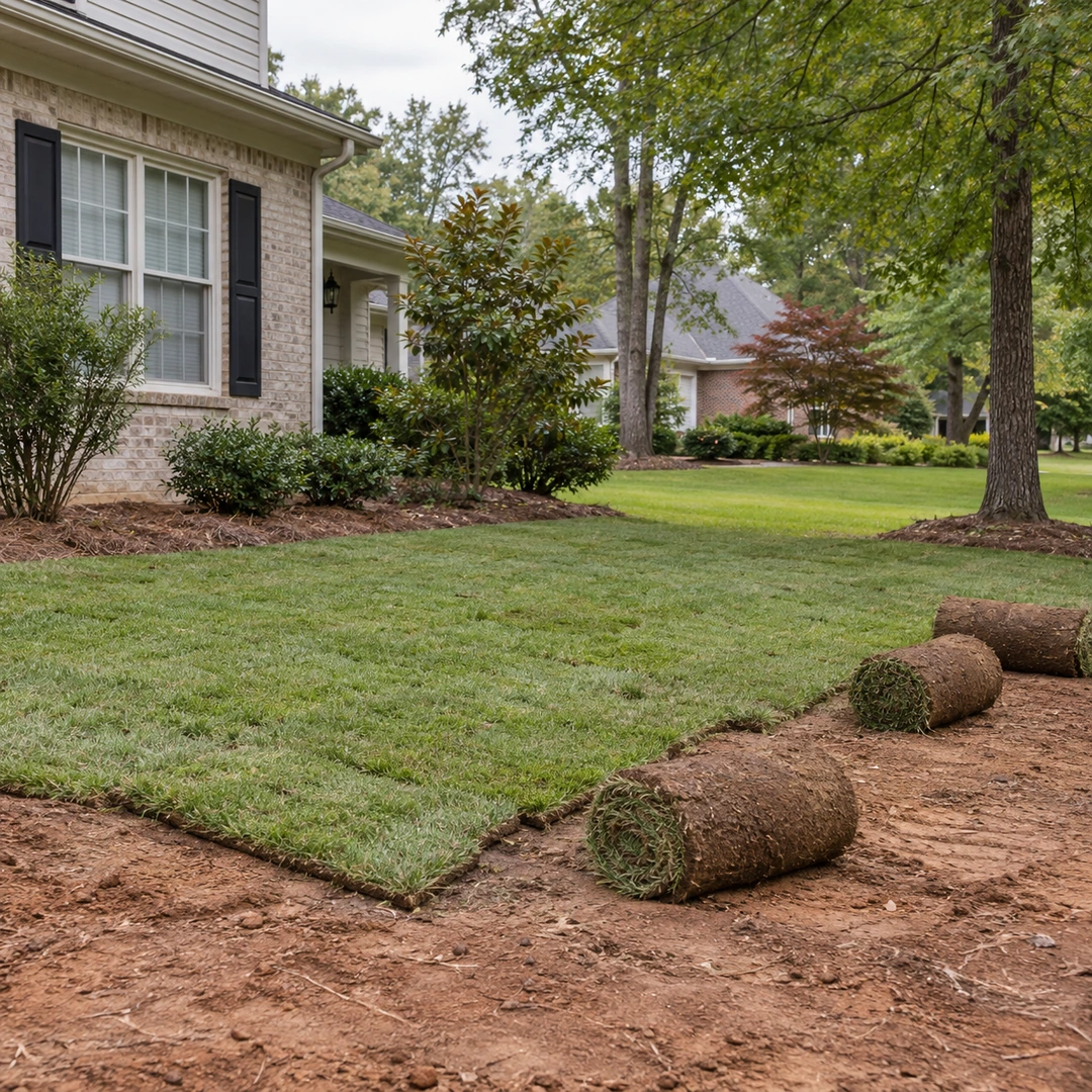 Fresh sod partly installed beside a residential lawn with realistic seams and a few stationary sod rolls