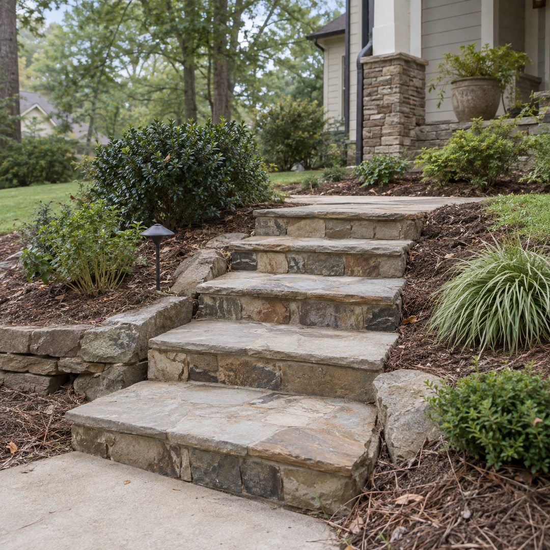 Simple residential stone steps bridging a modest yard slope with credible tread heights and joints