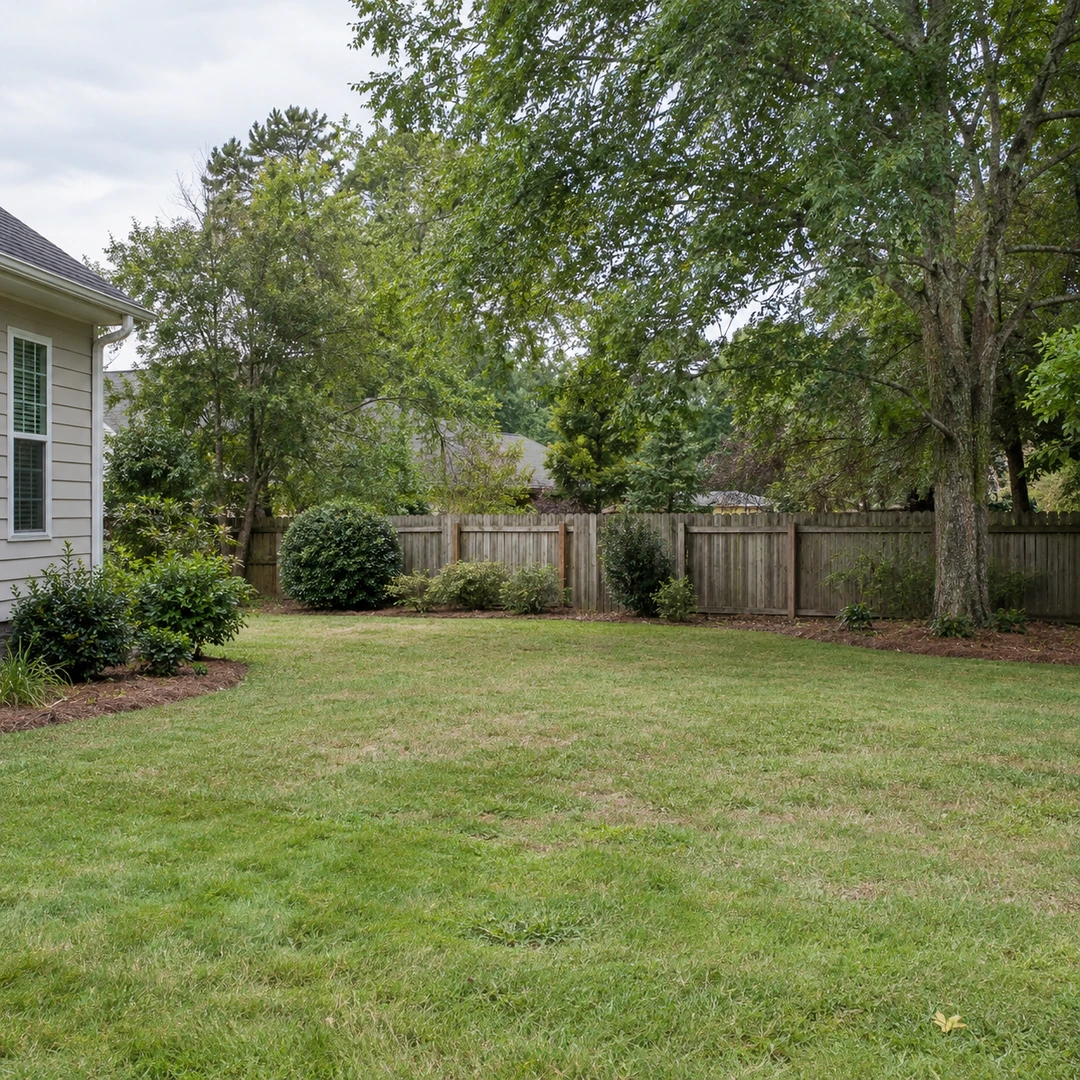 Ordinary residential backyard with practical lawn, modest shrubs and a weathered wooden fence