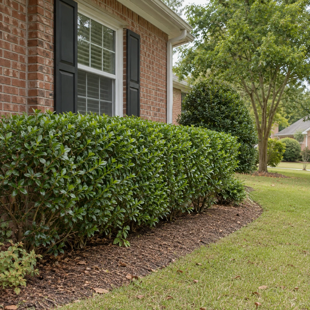 Modest neatly trimmed leafy hedge beside an older residential brick home