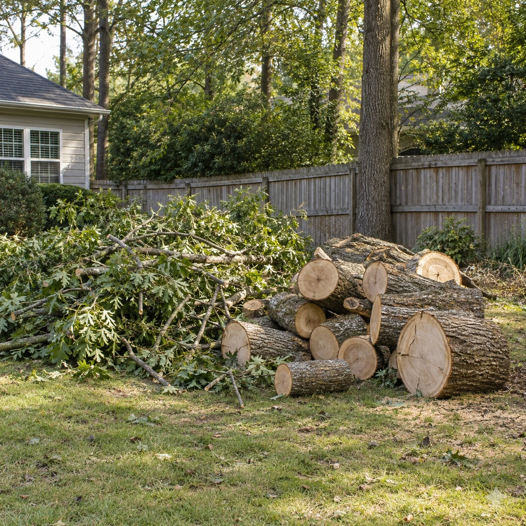 Cut tree rounds and branches beside a weathered yard fence