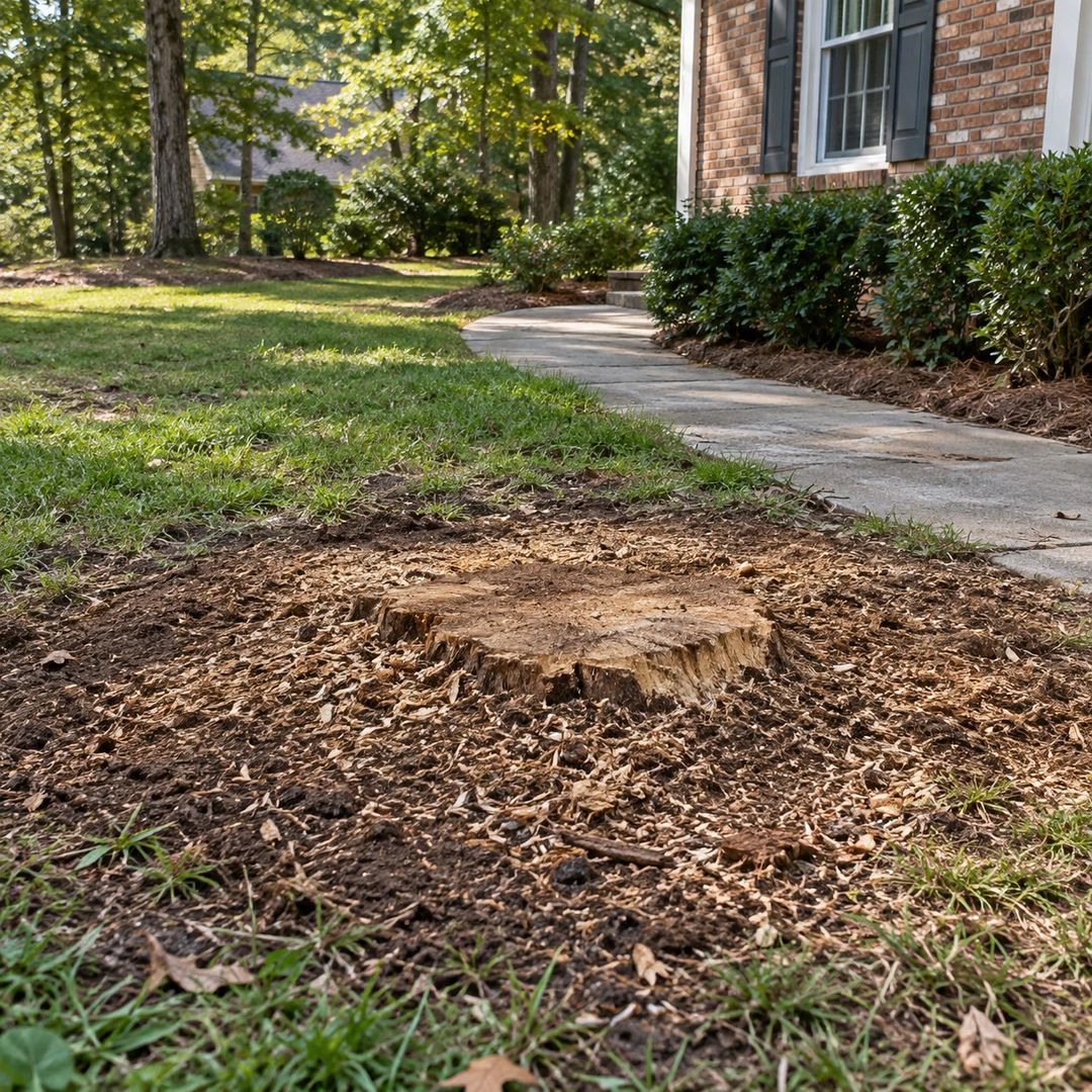 Low stump and wood chips beside a residential walkway
