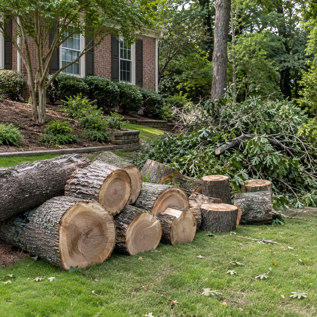 Cut wood rounds and branches grouped beside a brick home