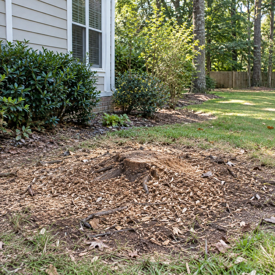 Low stump and grinding debris beside a residential garden