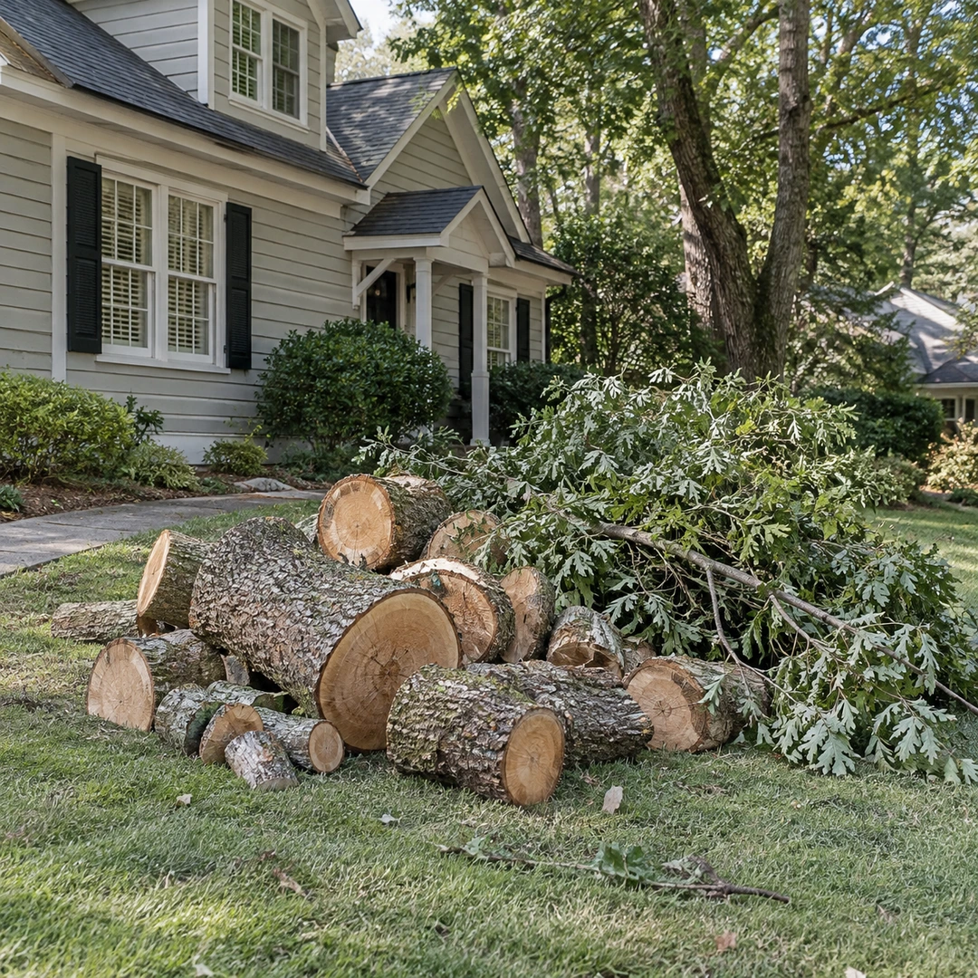 Cut trunk rounds and leafy branches beside a residential lawn