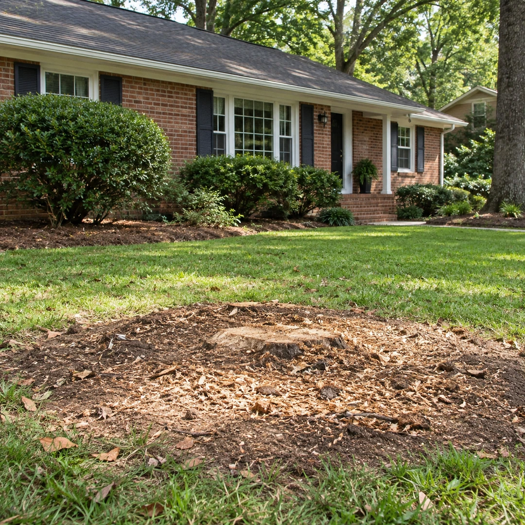 Low stump surrounded by wood chips on a front lawn
