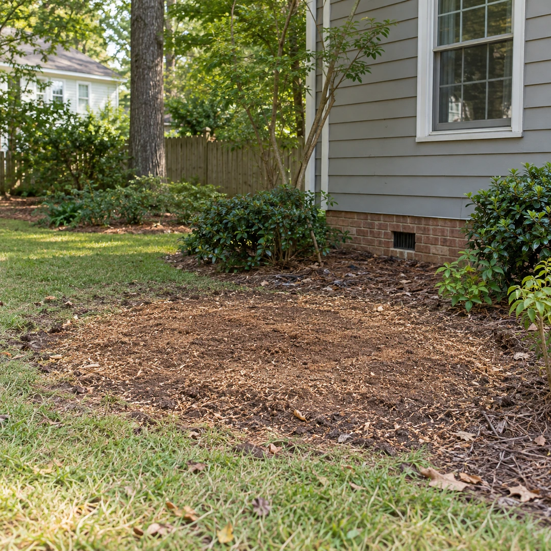 Level soil patch after stump cleanup beside a house