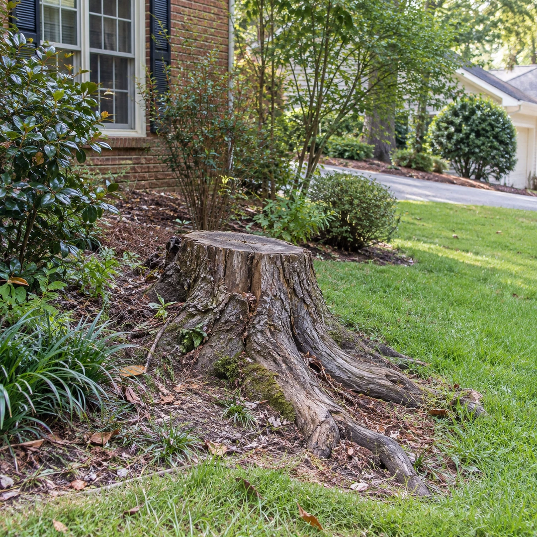 Weathered old stump and roots beside a residential planting bed