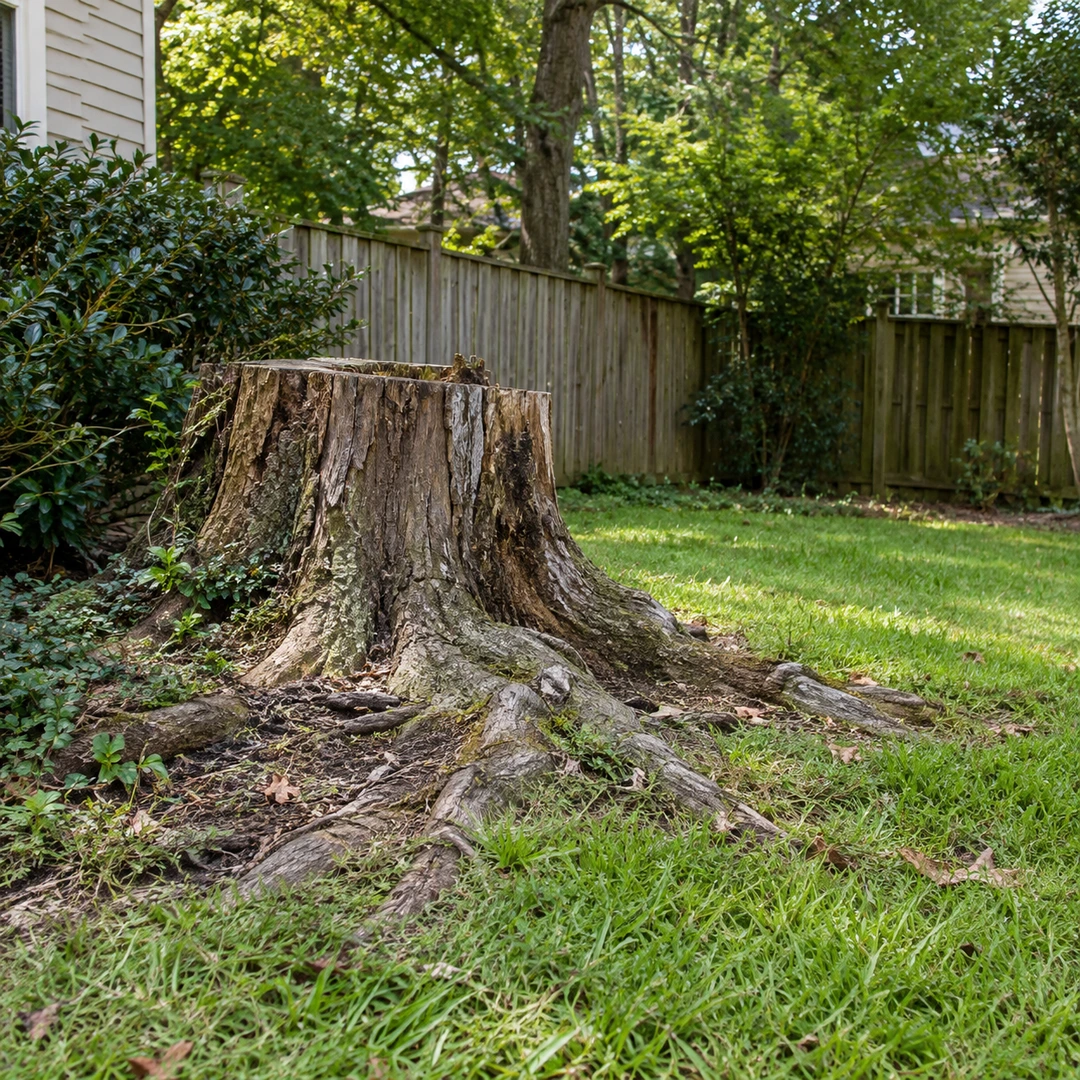 Old stump with exposed roots near a wooden fence
