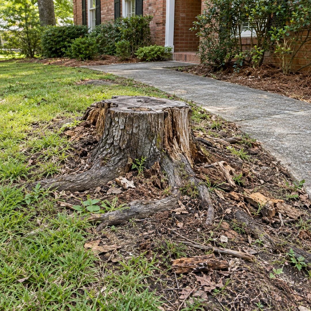 Old stump near a worn residential walkway