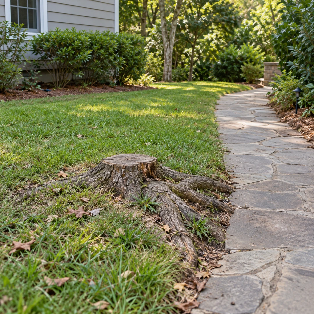Low stump and raised roots beside a residential path