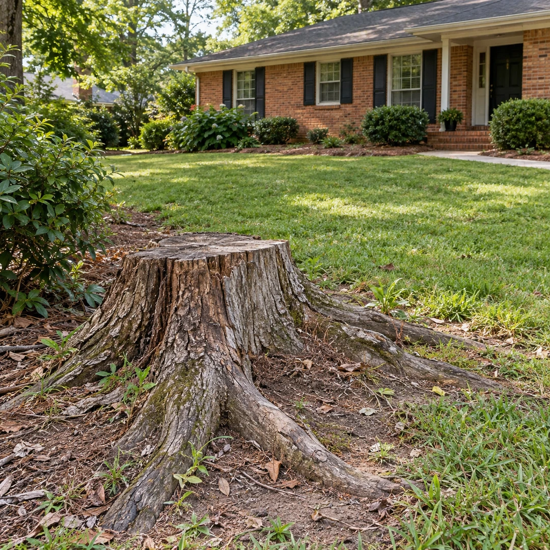 Old stump and roots at the edge of a residential lawn