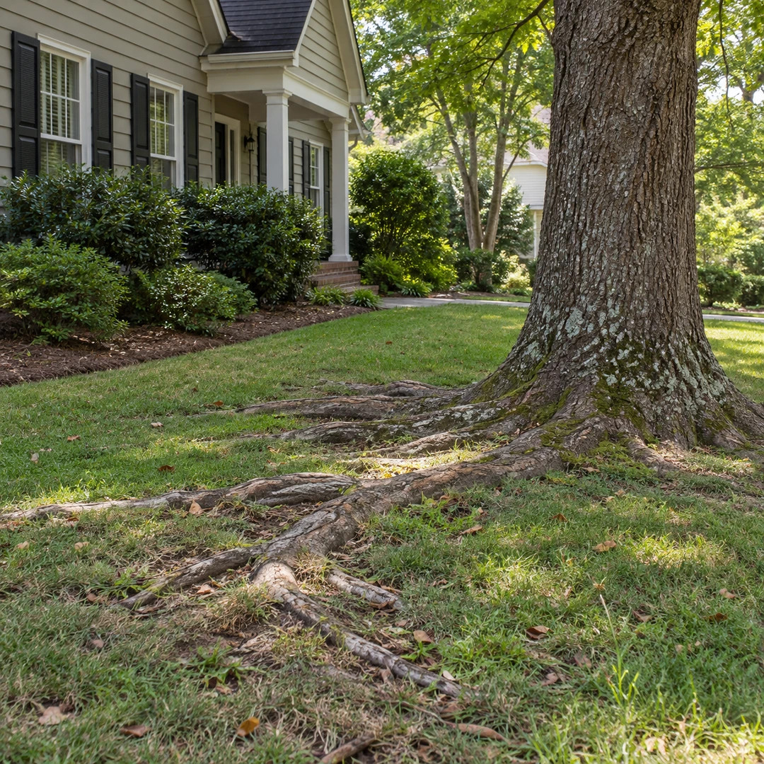 Natural surface roots crossing a residential side lawn