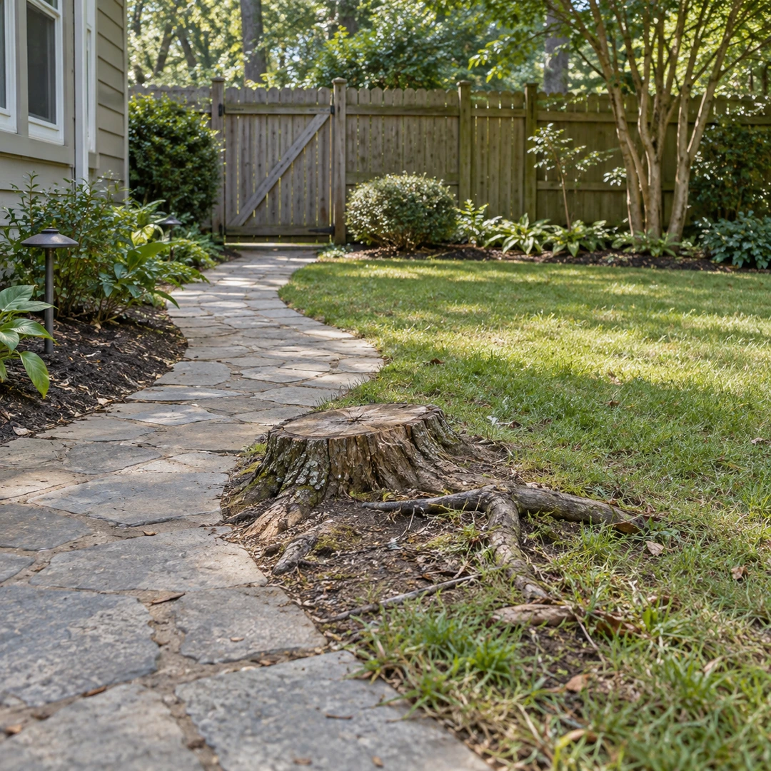 Stump and exposed roots interrupting a stone garden path