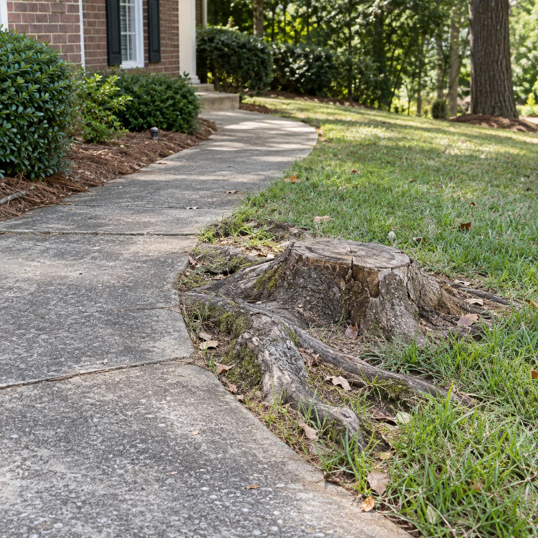 Stump and raised roots beside a concrete walkway
