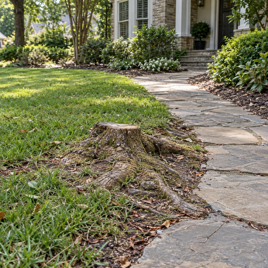 Low stump and raised roots near a worn residential path