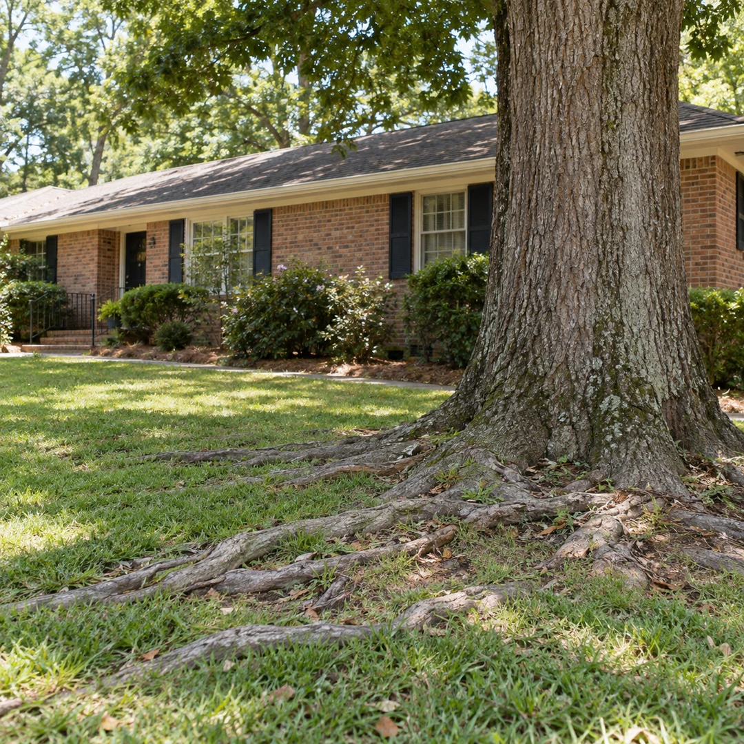 Surface roots crossing a lawn beside a mature tree