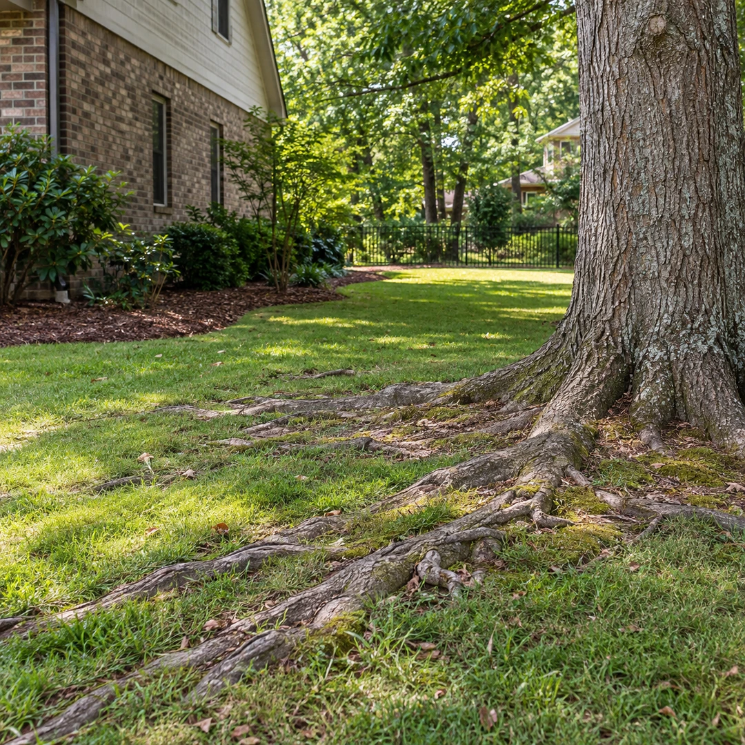 Exposed tree roots near a brick residential home