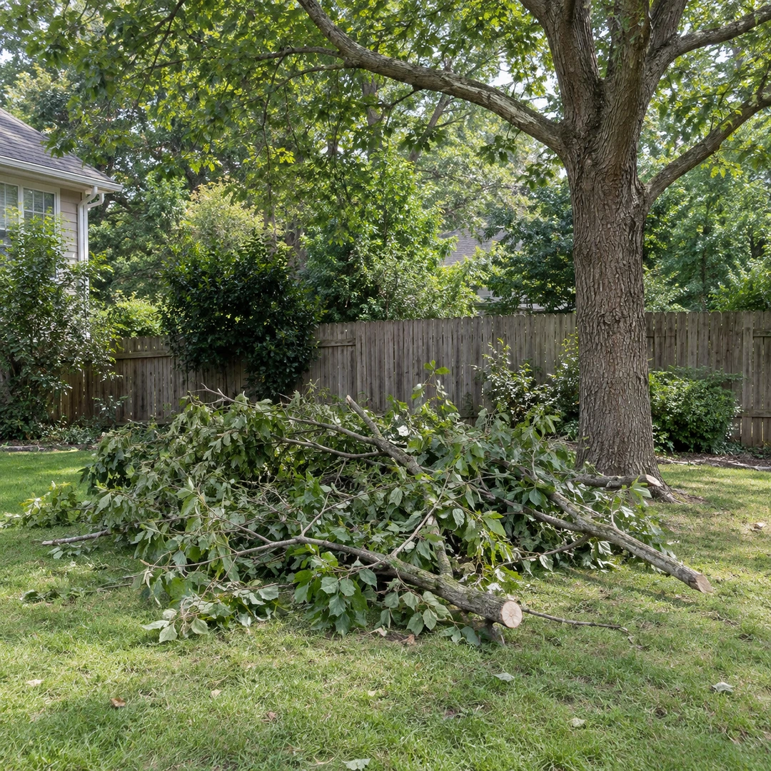 Cut tree limb and branches grouped beneath a healthy tree