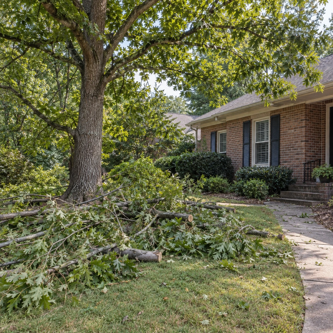 Removed branches gathered beside a residential lawn