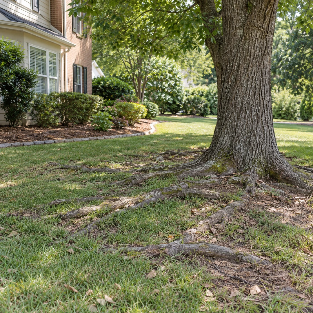 Exposed roots at the edge of a residential lawn