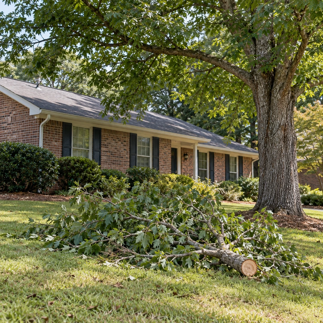 Cut limb rounds and leafy branches on a residential lawn