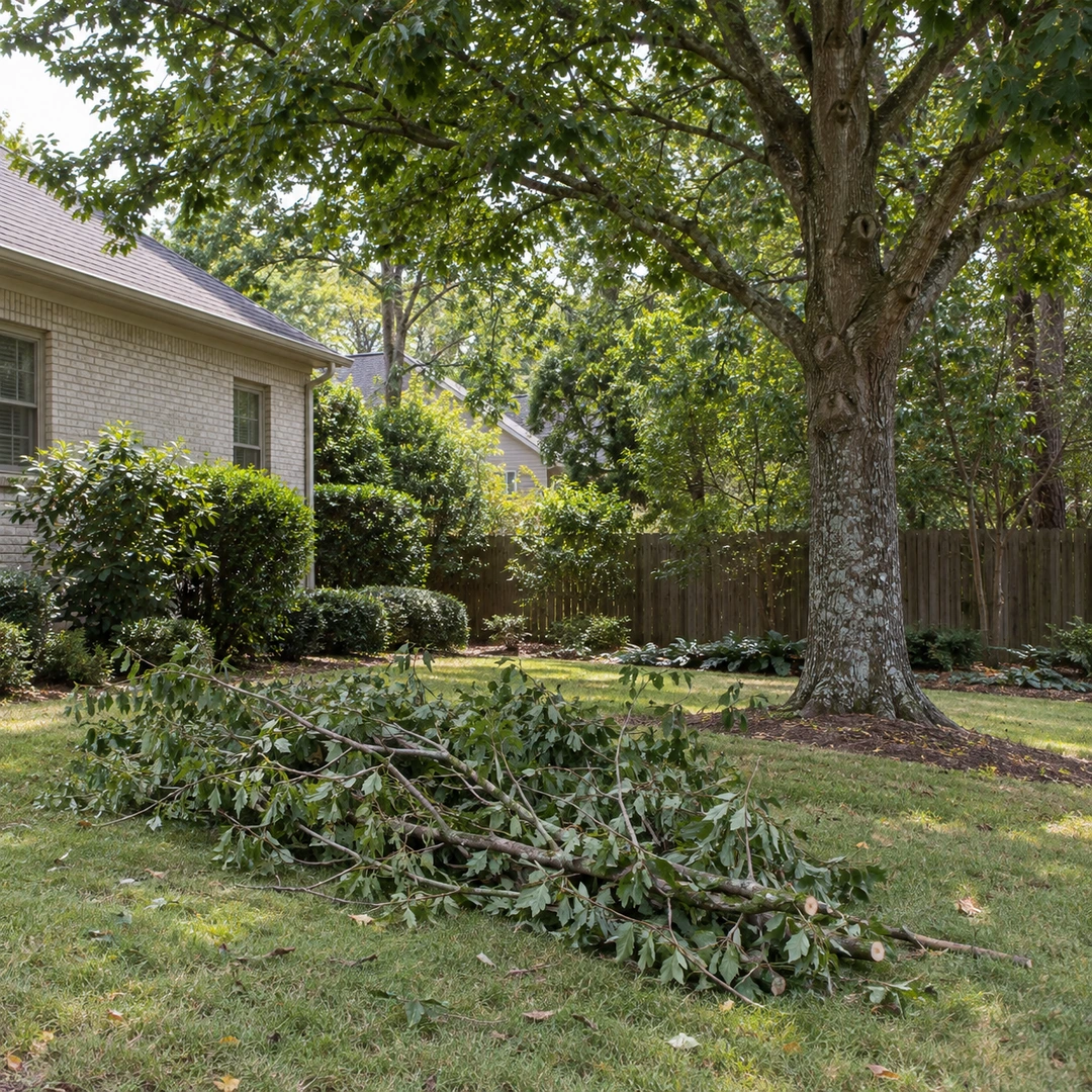 Tree branches grouped for removal beside a yard fence