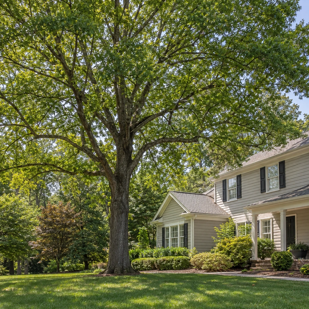 Healthy mature tree with a natural balanced canopy beside a home