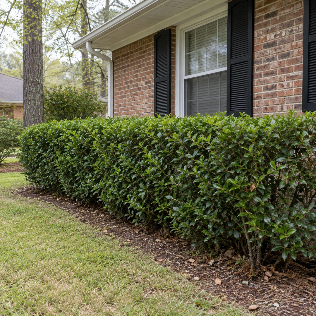 Modest neatly trimmed leafy hedge beside an older residential brick home with individual natural leaves