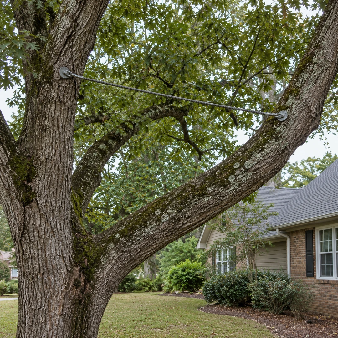 Correctly installed support cable between two substantial tree limbs with realistic anchor fittings and natural bark