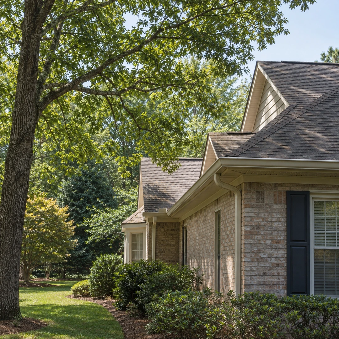 Natural tree branches near a residential roof edge