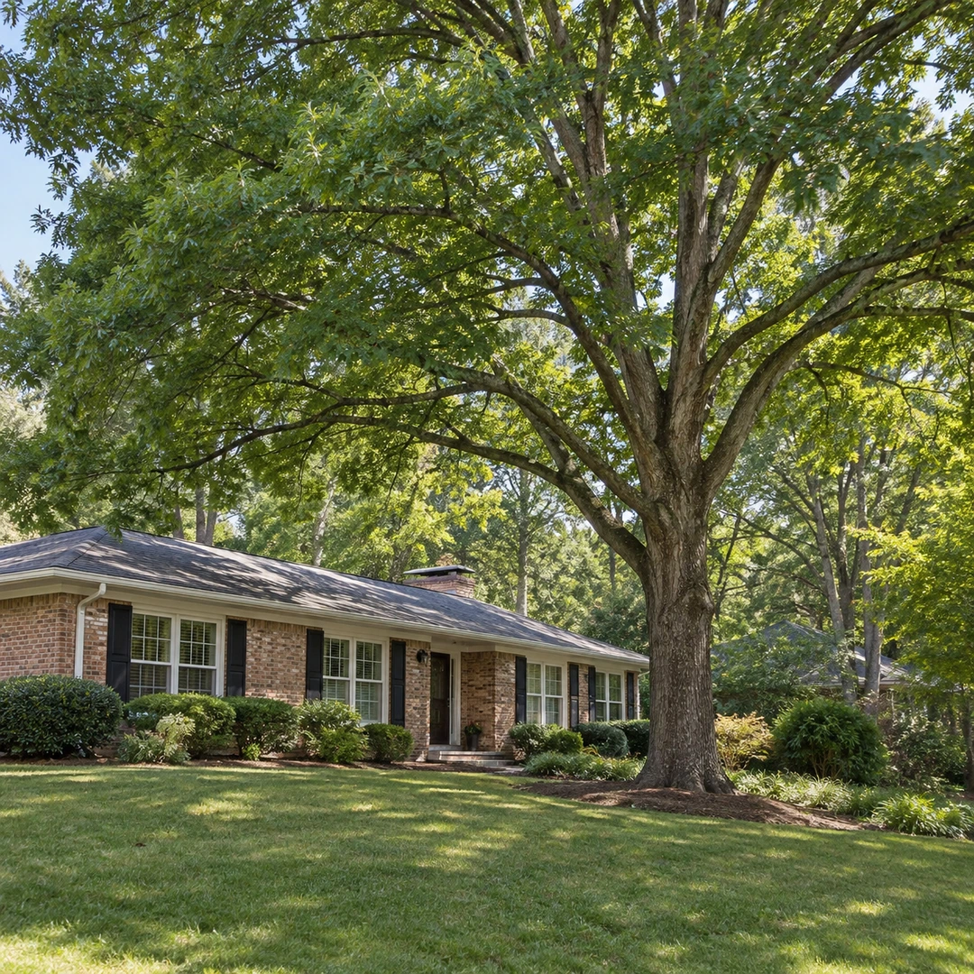 Natural mature tree canopy beside a brick ranch home
