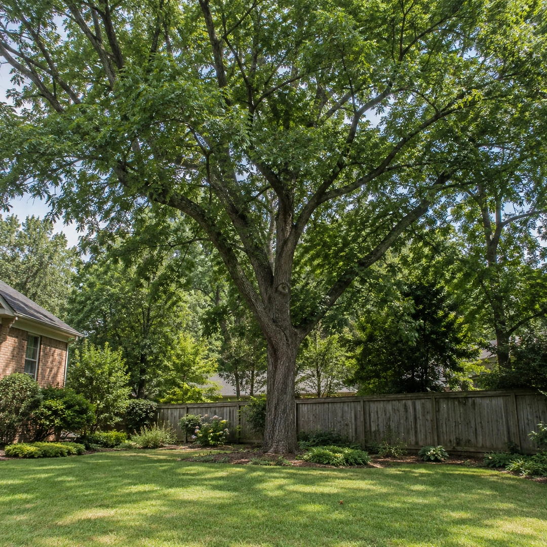 Mature tree with a balanced canopy in a residential backyard