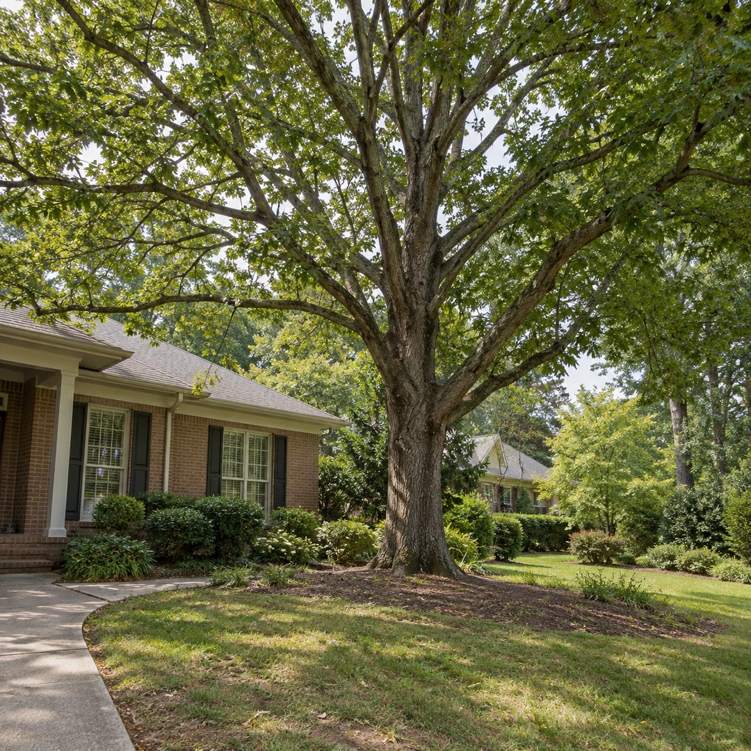 Healthy shade tree beside an ordinary residential front lawn