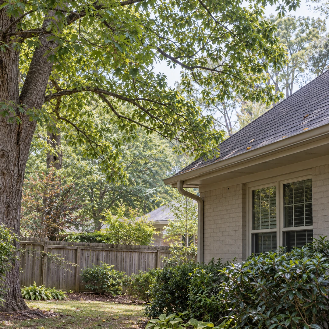 Healthy branches beside a roof overhang