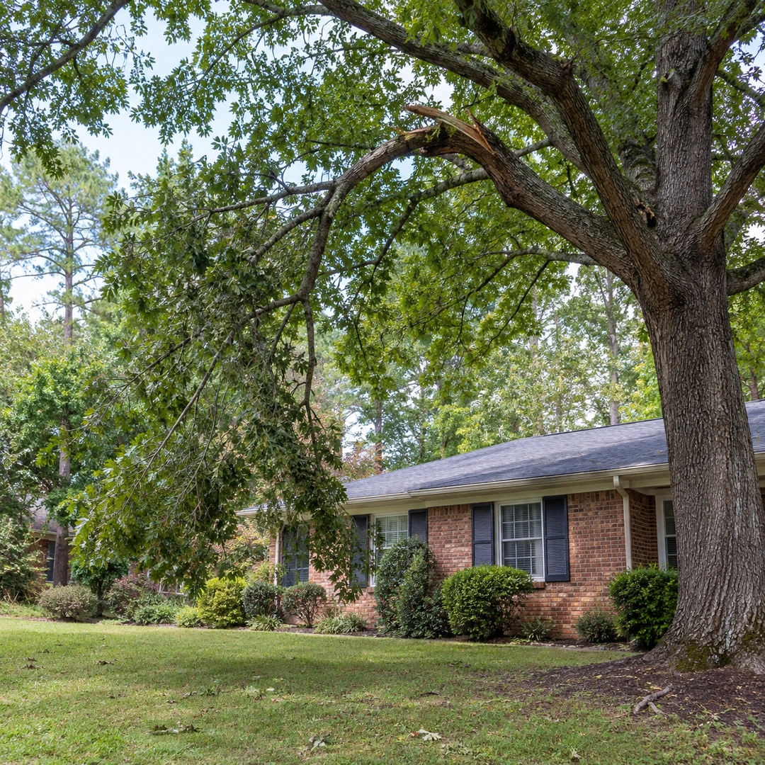 Broken limb above an ordinary residential lawn
