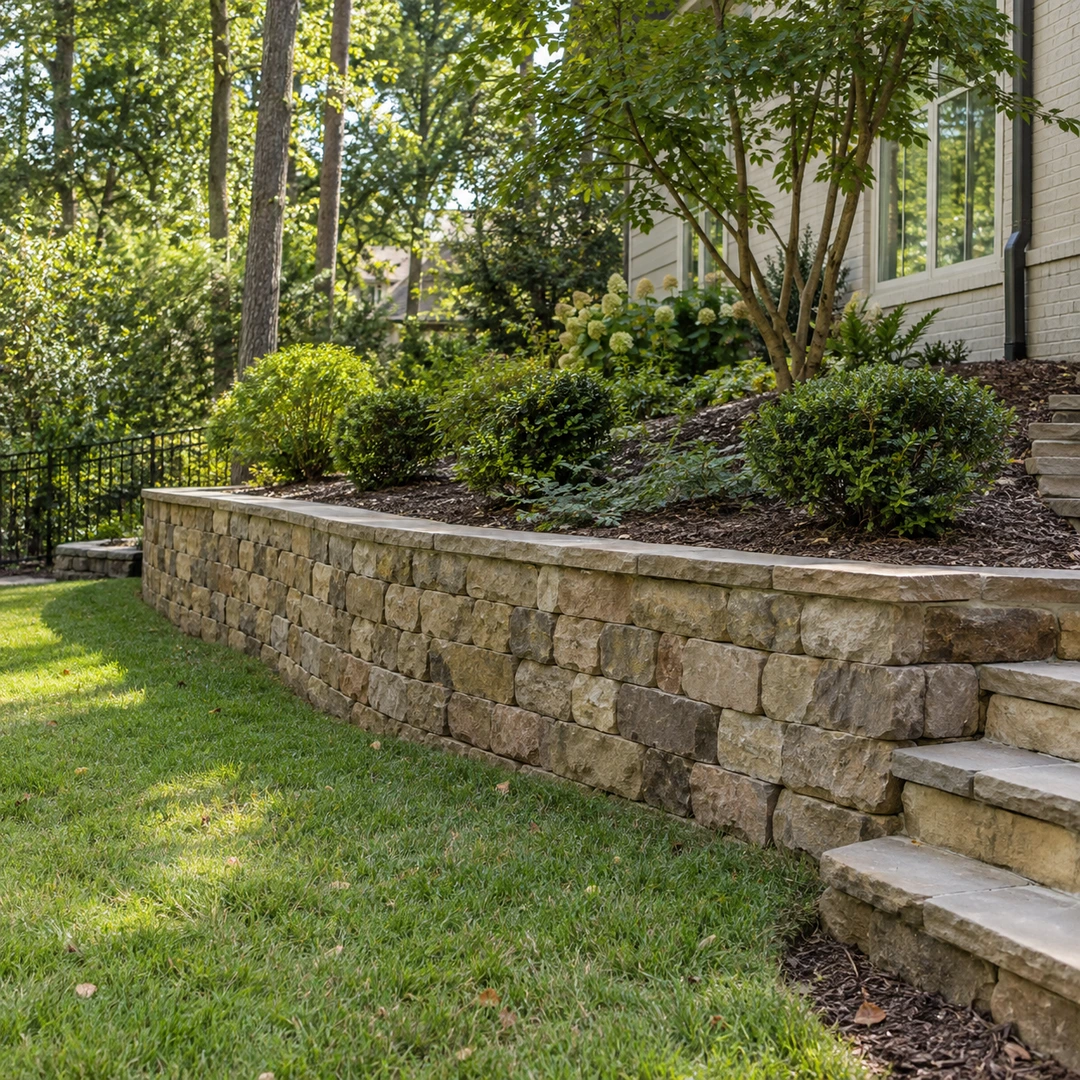 Modest stone retaining wall beside residential garden steps