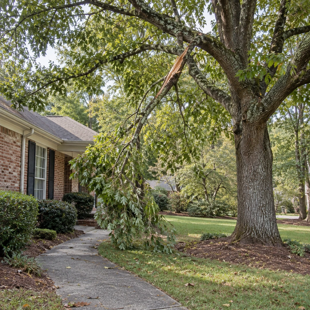 Damaged hanging branch near a residential walkway