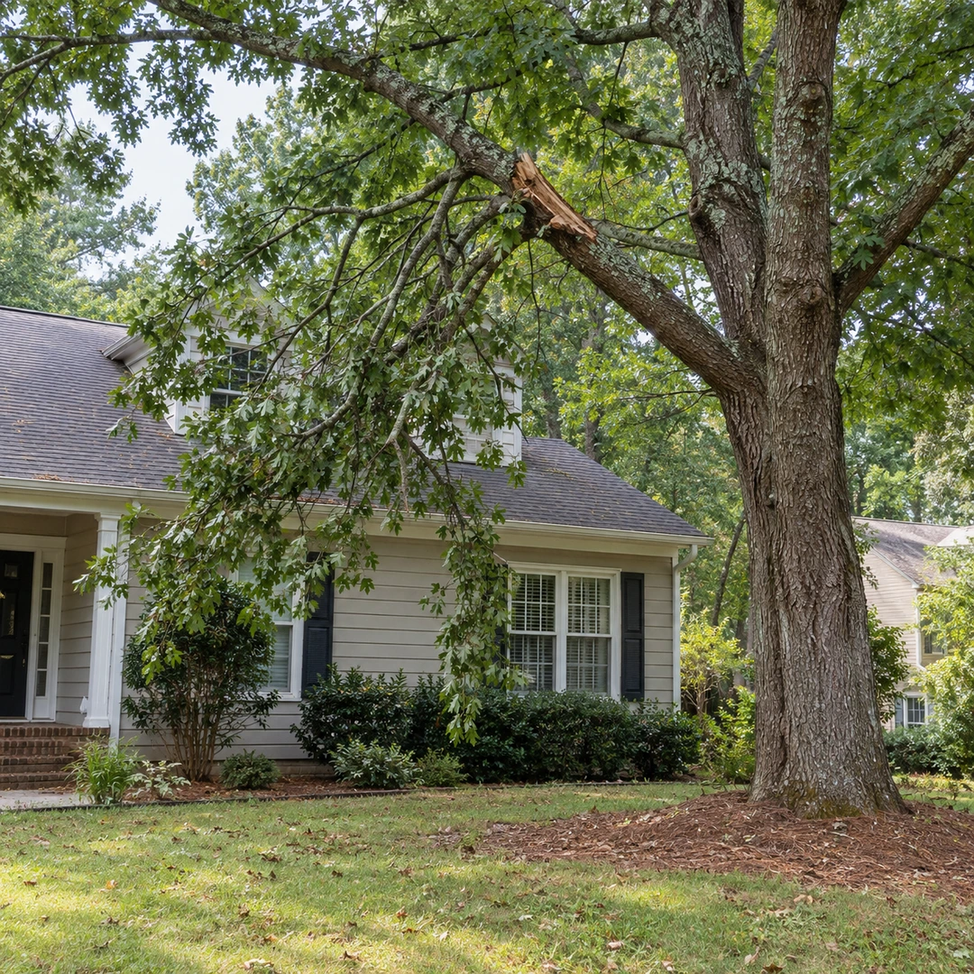 Broken tree limb beside a residential house