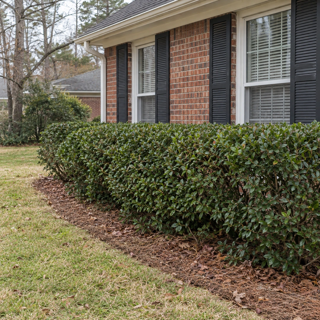 Modest neatly trimmed leafy hedge beside an older residential brick home with individual natural leaves