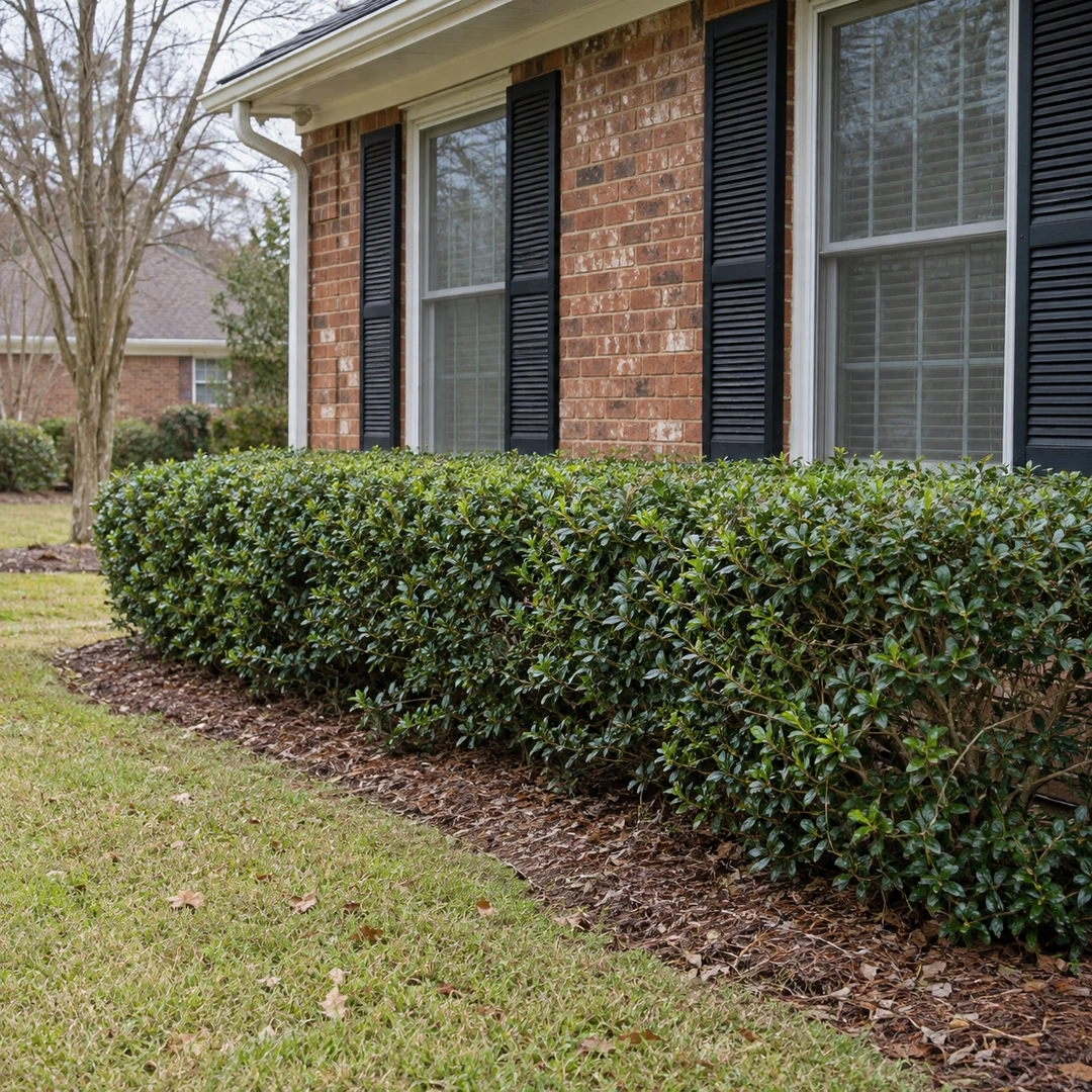 Modest neatly trimmed leafy hedge beside an older residential brick home with individual natural leaves
