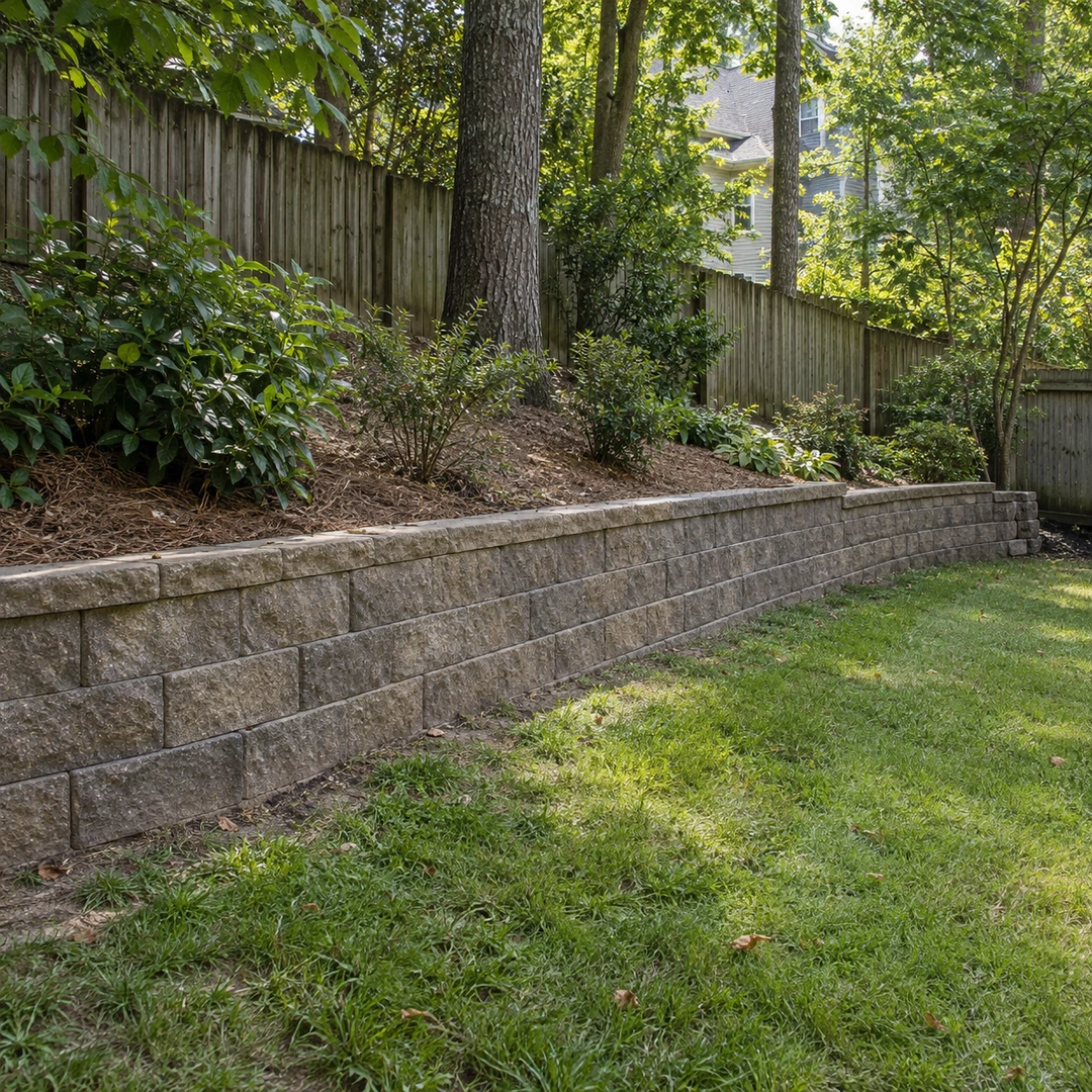 Block retaining wall below an established residential yard