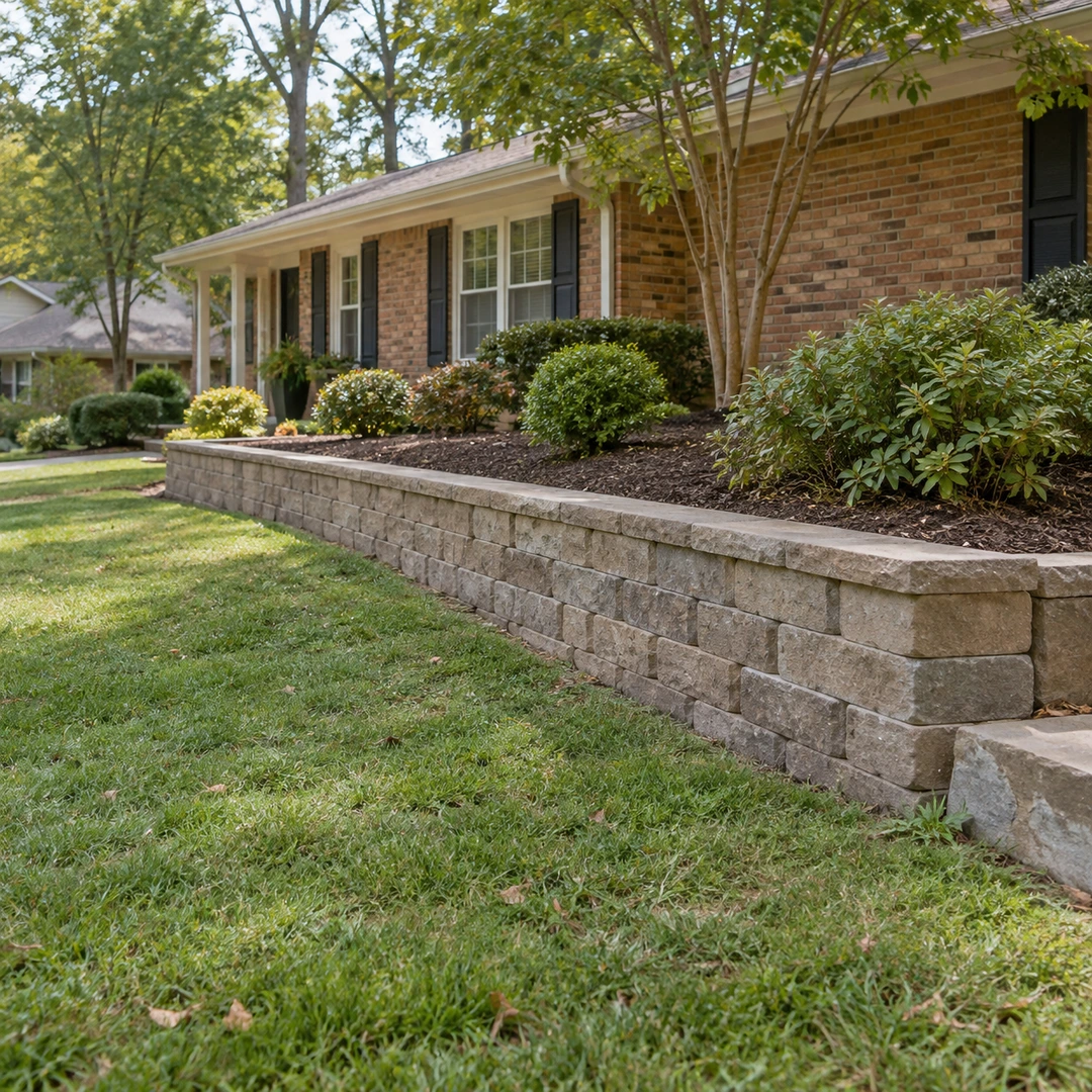 Block retaining wall beside an ordinary brick ranch home