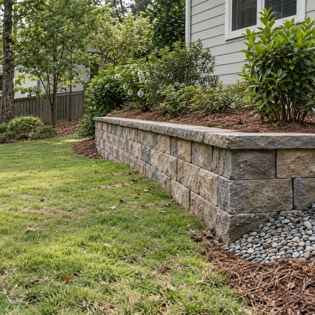 Residential retaining wall with gravel at its base